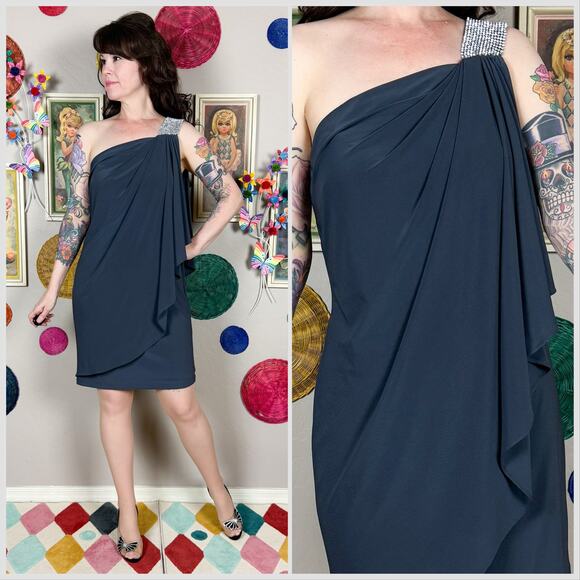 Vintage Y2K Caché Grey One Shoulder Grecian Drape Minidress - Picture 1 of 8